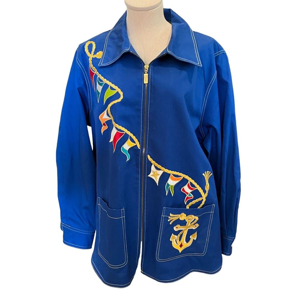DESIGNER VTG BOB MACKIE WEARABLE ART FLAGS Ship BLUE EMBROIDERY JACKET Sz 1X